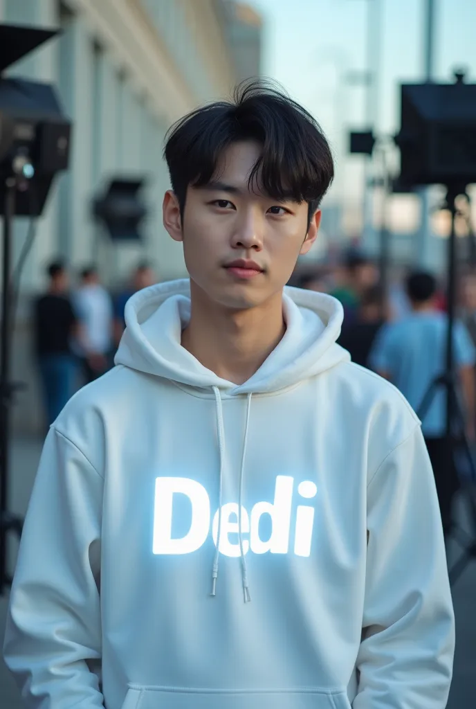 HD picture Korean guy 26 years old short hair wearing white hoodie name DEDI on glowing chest black jeans position again so photographer backstage machine daytime aura