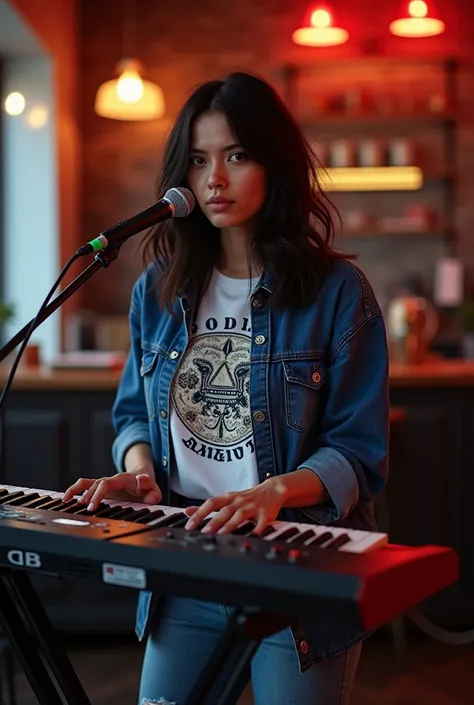 A best hyperealistic, UHD, HDR, 5D, 524 K, cinematic shot of a Mature BeautifuL woman black long hair as like as "Kurt Cobain" hair syle playing hard rock music on an electric keyboard on stage music live performance at Coffe Shop, The woman sights to view...