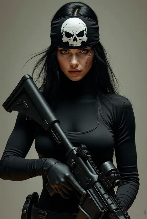  A black-haired woman, dressed in a black ,wearing a balaclava headband with a skull, She has a rifle in her hand  