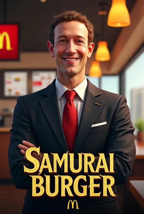  CM Poster is "Samurai Burger Free Present Day " written in middle golden decoration letters at the bottom of the screen,  Macdonald logo, front view  Standing Pose , hold a  1 McDonald hamburger, American White man is Mark Elliot Zuckerberg ,40-age ,smile...