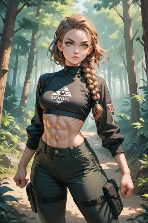 1girl, white woman, braided sandy brown hair, one green eye, one blue eye, athletic build, petite build, big hips, long sleeve black crop top, defined abs, small breasts, black cargo pants, standing in forest, fighting stance