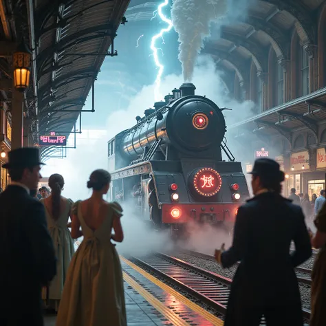  19th century London train station ,  people in 19th century clothes (dresses,costumes,19th century hats ),  people stand on perone and are scared and surprised , у перрона появился невероятно фантастический высокотехнологичный  train from the distant futu...