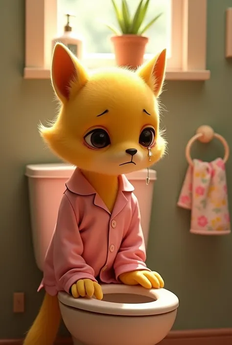 Yellow garo with pink pajamas with sad teary eyes watching the toilet. pixar style