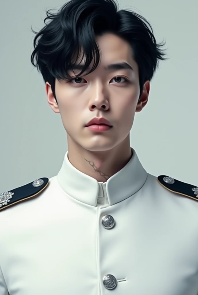 Byun Baekhyun from Exo with black hair , cobalt blue eyes,without facial hair, with 
a scar on the neck from side to side ,  wearing a white military ceremony suit with silver details , 