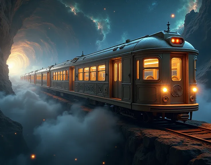 Realistic, theme is "Train that transcends time and space", a long train that wanders through space, twisting like a snake, the train is an old-fashioned subway car, various nebulae can be seen in the background, the mystery of the universe, the strange be...