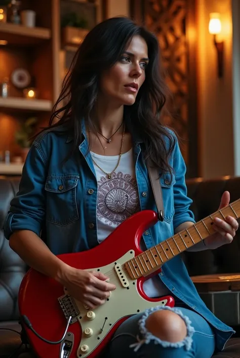 A best hyperealistic, UHD, HDR, 5D, 524 K, cinematic shot of a Mature BeautifuL woman black long hair as like as "Kurt Cobain" hair syle playing hard rock music on an electric drum shet on stage music live performance at Coffe Shop, The woman sights to vie...