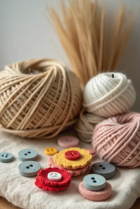 Image of natural materials (jute , buttons, Felt)  organized on a craft table, highlighting its simple origin 