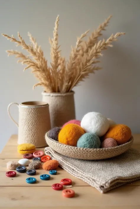 Image of natural materials (jute , buttons, Felt)  organized on a craft table, highlighting its simple origin 