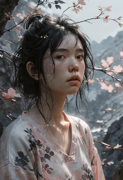 Moody portrait of a pensive young woman with flowing dark hair, inspired by the ink wash paintings of Bada Shanren and the character design of Bocchi from the anime Bocchi the Rock, delicate yet expressive facial features, branches or vines emerging from a...