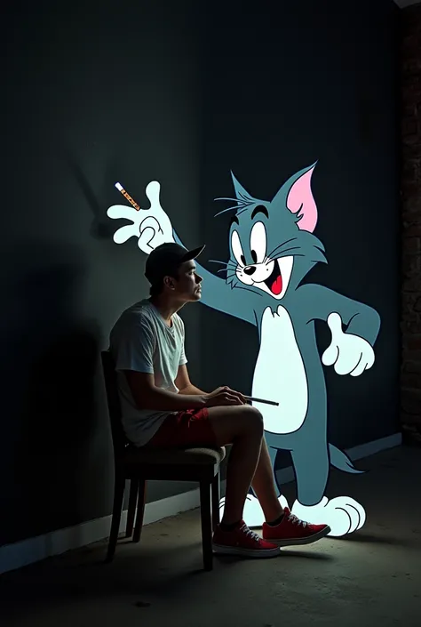 black street wall there is a cartoon picture of tom end jerry with a white led effect coming out of the wall illuminating the image of the cartoon character tom and jerry is very real the big cat and mouse character attached to the wall An indonesian coll ...