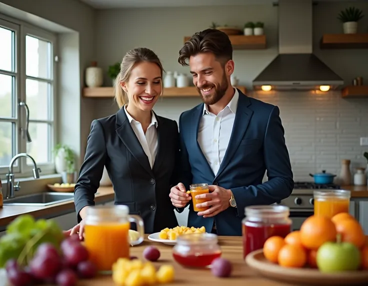  Man and a woman in the kitchen, Boss clothing , happy, table with various fruits ,  are cooking jams 