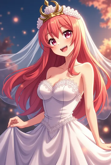 Power from the anime Chainsaw Man wearing a wedding dress and smiling