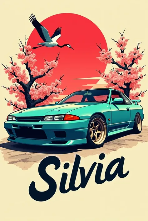 Create a vibrant illustration featuring a stylized turquoise Nissan Silvia S15 parked at an angle. Include a large red sun in the background, reminiscent of Japanese art, along with a graceful crane flying above. Add cherry blossom branches around the car ...