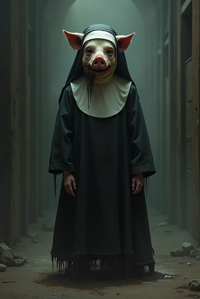 A decomposed anthropomorphic pig dressed as a nun 