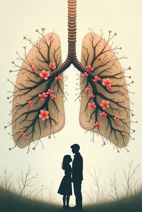 Ah, Of course! The book cover "love conquers all"  has a very symbolic and poetic representation .  In addition to the silhouettes of the protagonists ,  that reflect the connection and the distance between them ,  the art includes elements such as lungs f...