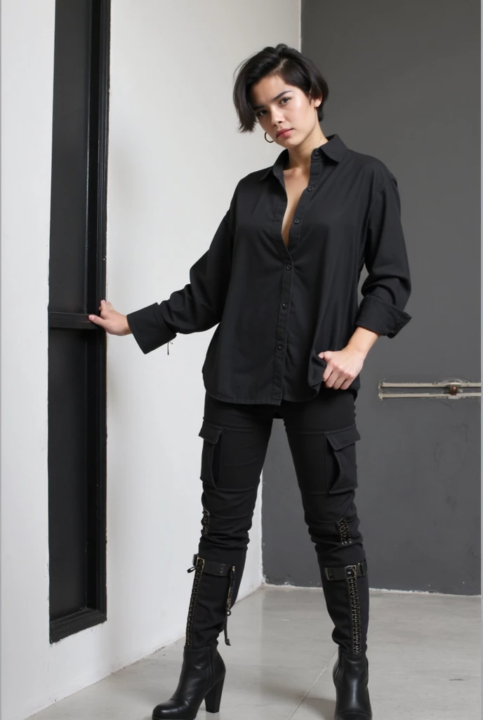 Handsome girl wearing black full loose shirt full and loose full black cargo looking very handsome having short hair wearing black boots standing having muscles 