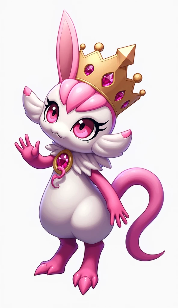 Character inspired by a king of music with a head that looks like a musical note on his head with a crown with a pink gem that looks like a treble clef a body with a tail wings pink and white eyes pink legs pink arms on no mouth is a unique side of dangero...