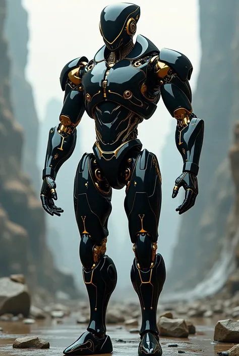 Give me a prototype drawing as a 3D design of a life-size black humanoid robot with golden cyborg-style details with the head like a futuristic helmet 