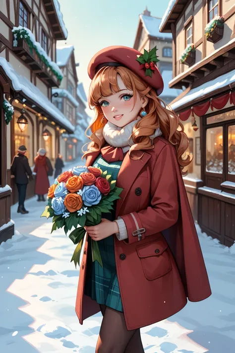 A snowy winter evening in a European-style town, where a charming 18-year-old girl stands quietly. She has flowing brown long hair and wears a classic beret, paired with a crimson coat. In her hands, she cradles a large bouquet of vibrant orange gladiolus ...