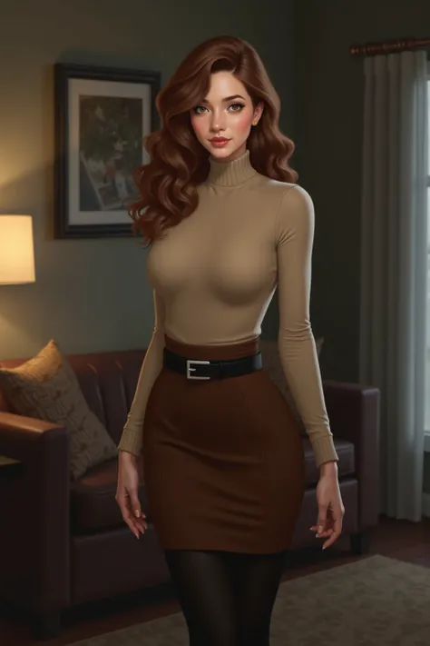  A woman with brown hair,  in the living room, at night,  black pantyhose , brown pencil skirt ,  black belt,  beige turtleneck sweater, Selfie 