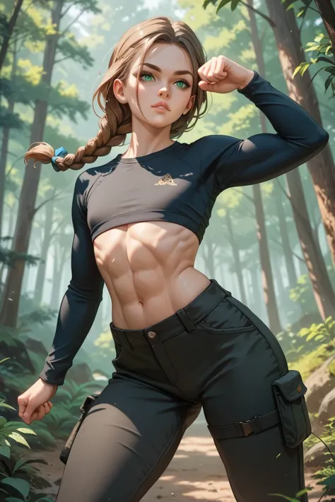 1girl, white woman, braided sandy brown hair, one green eye, one blue eye, athletic build, petite build, big hips, toned butt, long sleeve black shirt, defined abs, flat chest, black cargo pants, standing in forest, fighting stance