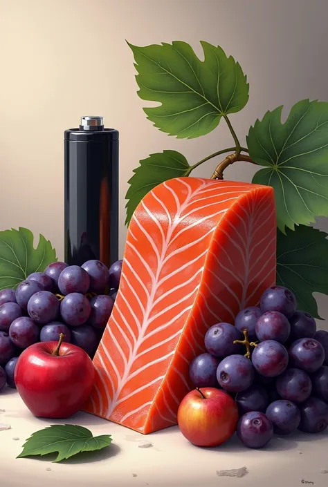  A piece of copper , a salmon , a bunch of grapes,  a lithium in the form of a battery, and an apple .