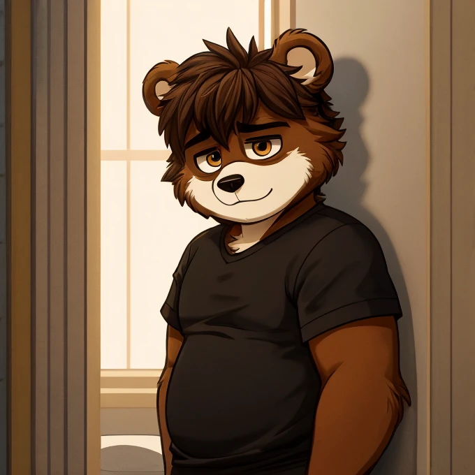 1male, anthro brown bear, short wild and fluffy hair tied into bun, brown hair, cognac amber eyes, black shirt with white rose design, black and white shorts, tired gaze, looking down at viewer, chubby figure, Leaning against wall, Holding arm, Cartoon art...