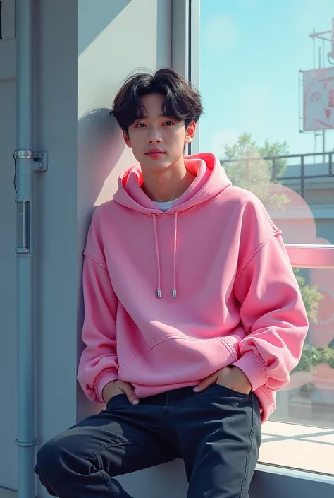 HD painting picture Korean guy 26 years old short hair wearing pink hoodie name DEDI on radiant chest black jeans position again leaning floorbehind glass aura daytime