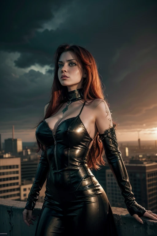 Apocalyptic cinematic shot of princess Ariel Rockstar, a goth with very long hair and big green eyes but with huge breasts, an avenging superhero watching the devastated city from the top of a building