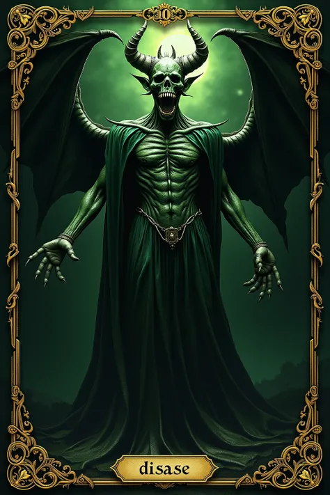 symmetrical tarot card art concept by danahamm in a (humanoid monster)+(Horror)+ Dark green tones, gothic theme,   by Lee Bursten , Tarô512, 8k, high detail, intricate, caixa de Title na parte inferior, Title " disease "