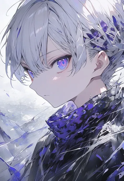 Alone, 1 male, Silver hair , Purple and blue Odd Eyes ,mash Hair, Long Sleeve, Immature