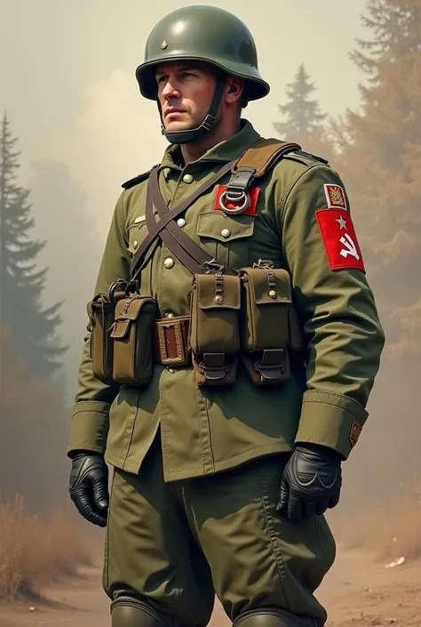 Red Army uniform, soldier standing at full height, dressed in the military uniform of the Army of the Soviet Union, glorifying the USSR , dressed in a tactical military helmet and body armor, standing at full height, in the style of 1968