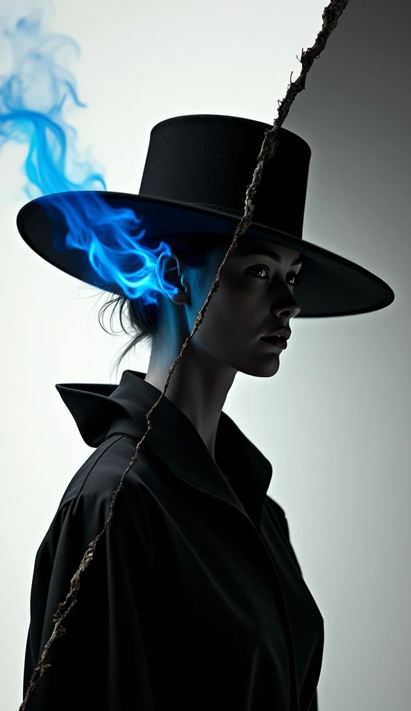   Diagonal split in the form of a crack one corner black the other white in the photo,    monochrome   ,    woman wearing a cylinder hat on her head ,  blue flame from her ears    ,  ,