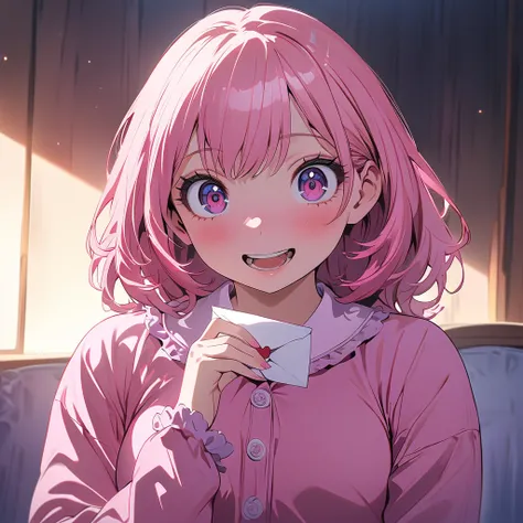 1 female, ((alone)), holding a love letter, excited expression, (short pink hair), violet eyes, long eyelashes, large breasts, pink pajamas, (in a bedroom), golden hour, dim, masterpiece, ultra HD, anime style, (My Hero Academia art style)