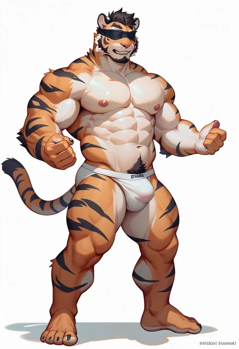 Abdominal muscles，Tiger，Black fur ，Bearded， white panties ，Standing， blank background， character design drawing ，whole body，Barefoot，Orcs，Blindfold