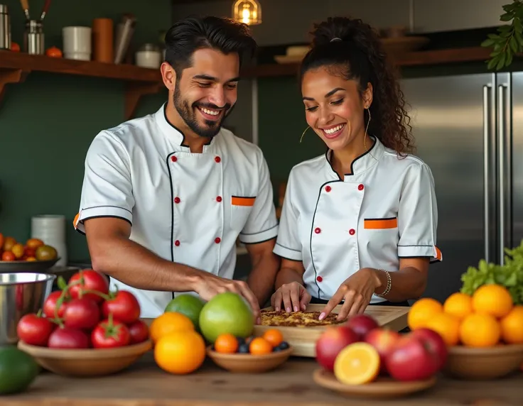  Man and a woman are Brazilians ,  are dressed as chefs, Are in the kitchen , Boss clothing , happy, table with various fruits ,  are cooking jams 