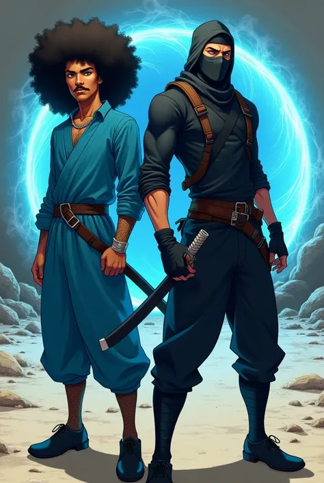  Two characters 

African-American witcher with long hair afro and white sky blue eyes with a thin mustache wears a blue tunic black shoes in the background a dimensional portal.  anime style. 

 Ninja with full tight suit black ,  with black Ninja mask , ...