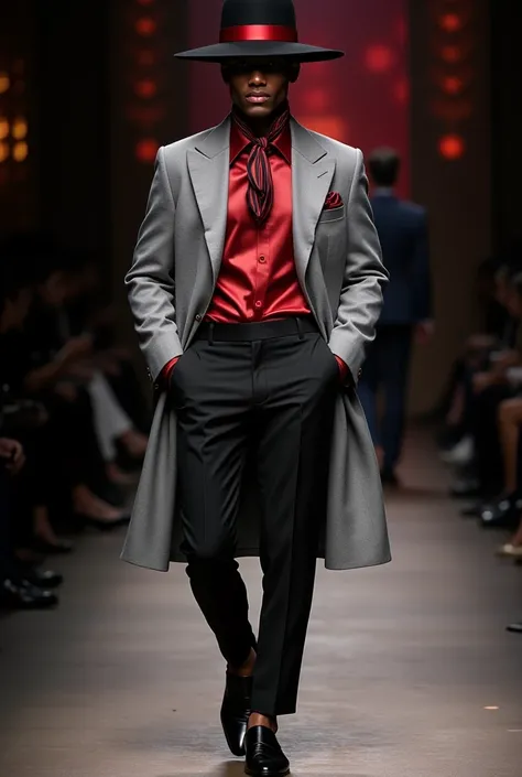  Create an outfit for men that is elegant for a night of the Costa Rica Light Festival fashion show that has black pants, long sleeve satin shirt in red ,  some accessory around the neck such as a scarf with an elegant knot , long blazer coat in light gray...