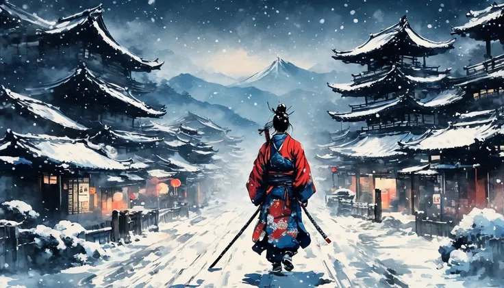 {{Back view of a samurai walking on a snowy road during a blizzard}}, Ink Painting, Winter Mountain Road ,  super high definition , 8k, lofi art, {Snowy Road at Night }, Japan,