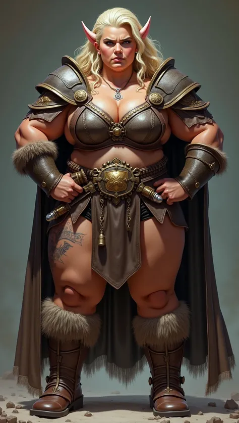 photorealistic full body photo of plus size Barbarian dwarven woman, blonde girl,(art by Russ Mills:1.2), (intimidatingpose:1.5),(hands on hips:1.5),(detailed tanned skin:1.5) ,(realistic:1.5),high quality,(muscular body:1.5),(tattoo:1.5) ,intricate detail...