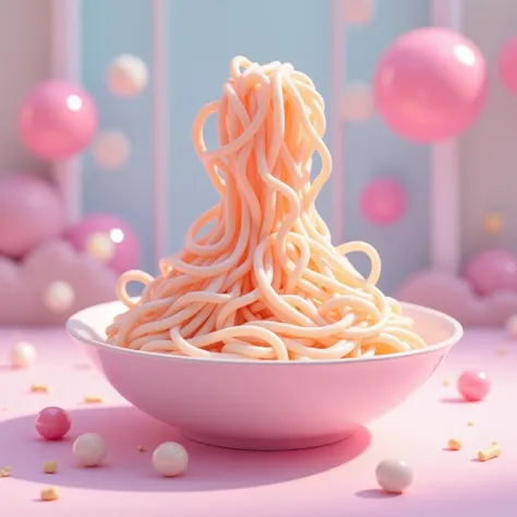  Chewing gum noodles

A bowl of long, elastic noodles made entirely of pastel-colored gum .  The noodles shine under the light and when lifted they stretch as if they were made of a magical material. The environment is playful ,  with bubble gum floating i...