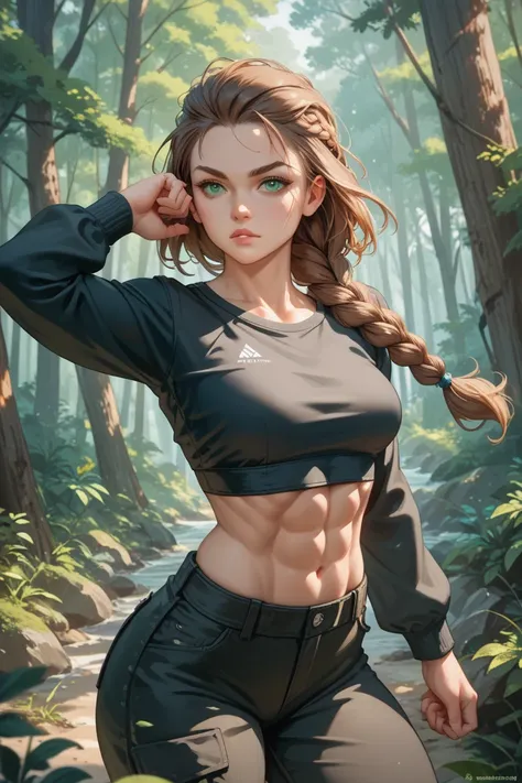 1girl, white woman, braided sandy brown hair, one green eye, one blue eye, athletic build, petite build, big hips, toned butt, long sleeve black shirt, defined abs, smallest breasts, black cargo pants, standing in forest, fighting stance