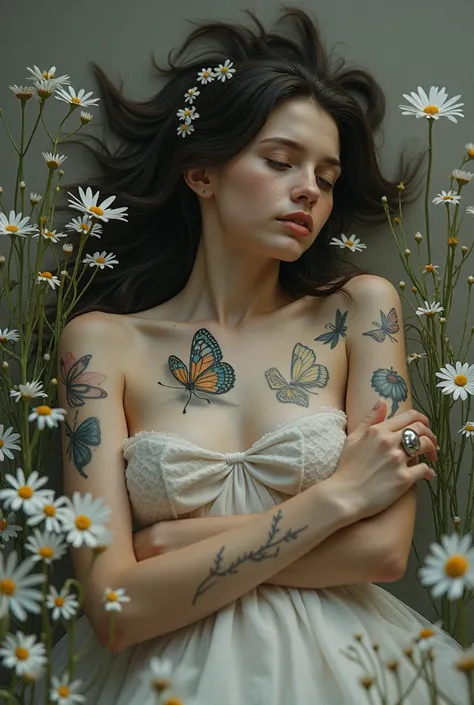 Delicate tattoos depicting the death of a mother with butterfly daisies 