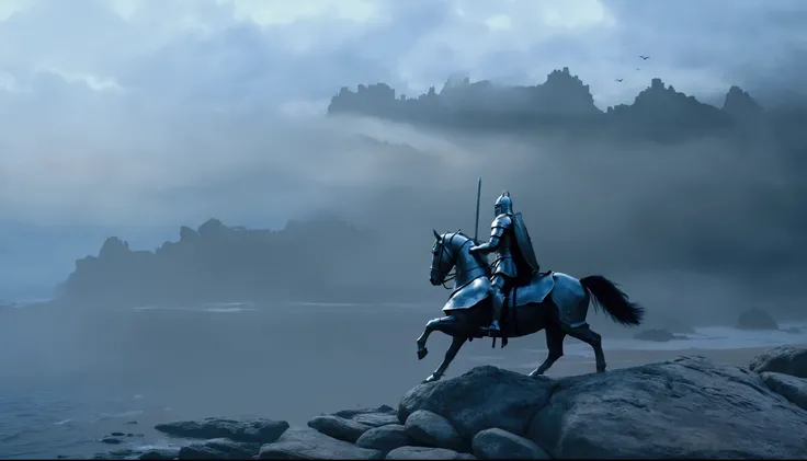  An Armored Knight Rides a Horse on a Rock Shore,  Cloud-Shrouded Coastline ， Fantasy Style  8 k  octane render,  Dye Painting of Knight on Horseback ,  Shiny Steel Armor , Knight Sword Waving Sky 。  3D Rendering and Matt Painting , ( octane render)  Fanta...