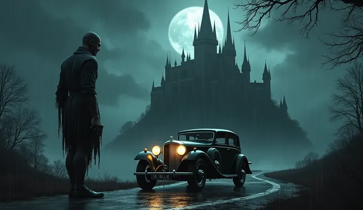 A night landscape, Rainy , Haunted Castle on Hill ,  showing a 1930 Bentley car and a Frankenstein