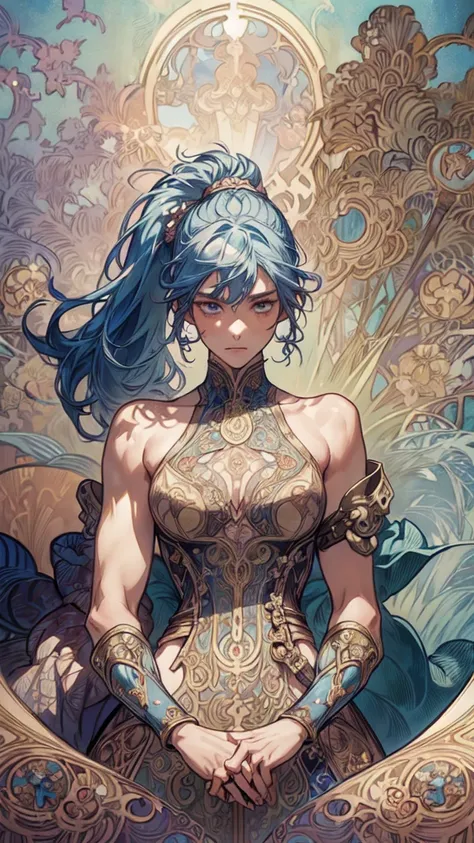 ((Detailed face)),((Muchas style)),(vulgar),(portrait),,blue hair,side ponytail,(arms behind back:1.2),((addiction to sex))((light-armed warrior)),(high position:1.6)
