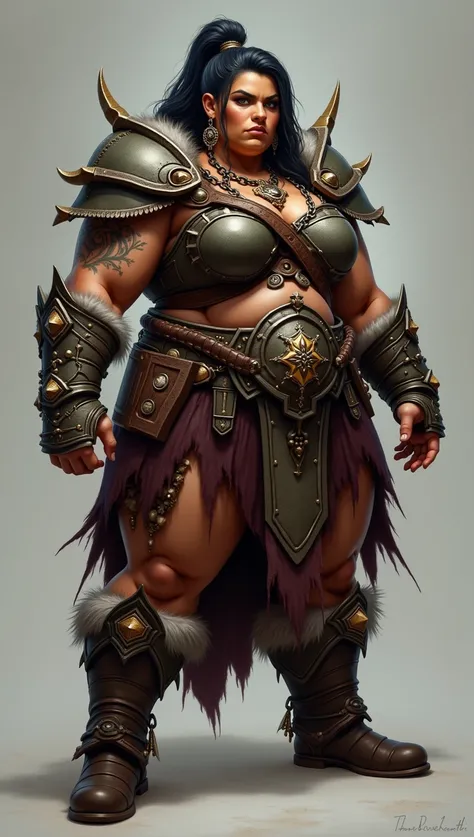 photorealistic full body photo of plus size Barbarian dwarven woman, black girl,(art by Russ Mills:1.2), (intimidatingpose:1.5),(hands on hips:1.5),(detailed tanned skin:1.5) ,(realistic:1.5),high quality,(muscular body:1.5),(tattoo:1.5) ,intricate detaile...