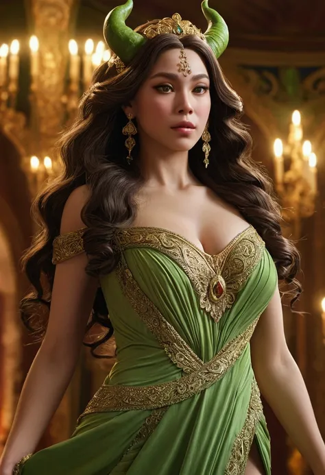 " A highly detailed and ultra-realistic image of a woman "green" hybrid giant with a sexy body , tall and curvaceous , Exuding elegance.  She wears a stunning, tight dress and has long, loose hair . Her skin is that of an ogre ,  and her ears are small and...