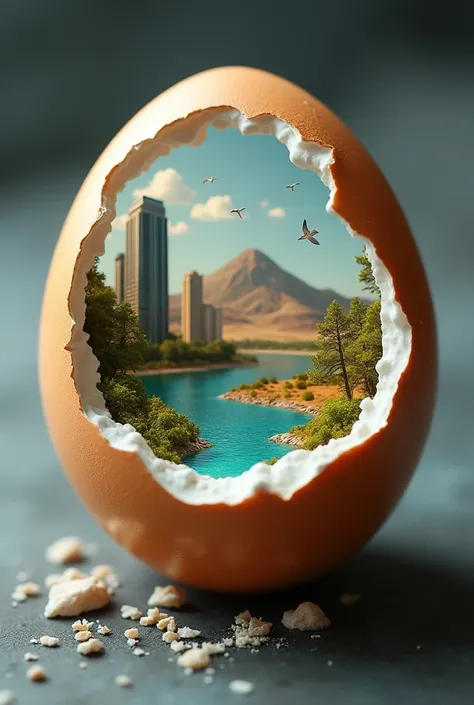 An egg half-cracked  open, revealing unique and clear scenic views inside. The scene include a serene lake, tall modern buildings, a sprawling desert, birds flying, and other diverse landscapes. The egg tray is arranged neatly and realistically, with the c...