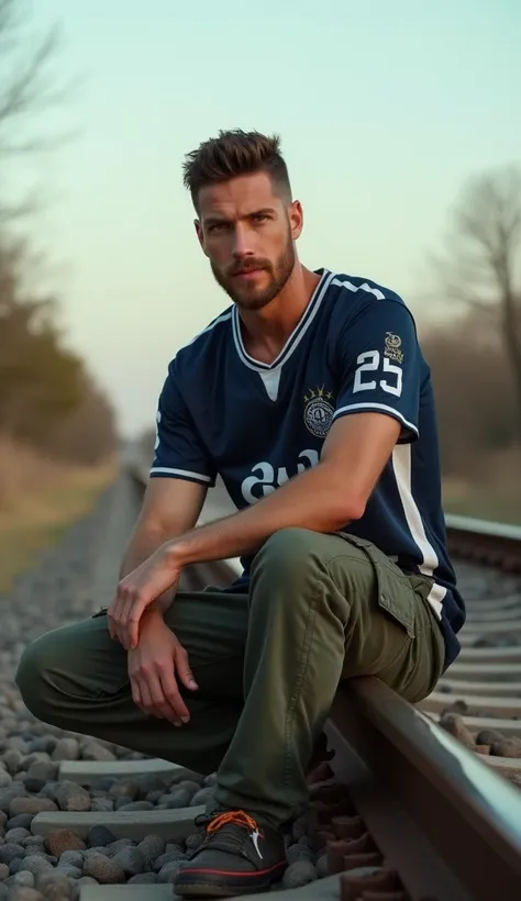 RAW photo, 30-year-old man, sitting on the edge of the railroad tracks, wearing a jersey and cargo pants, sexy man, high-detail face, looking at the viewer, wide-angle lens, 8k UHD, SLR, soft light, +0.2ev light, (high quality, film grain: 1.2), 8k UHD, 30...